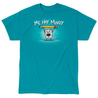 Classic Cotton T-shirt_TeeTurtle tropical blue Me Hoy Minoy apparel featuring DoodleBob from SpongeBob SquarePants yelling, “Me Hoy Minoy“ while holding up a pencil in the air with both arms, and floral outlines in the background.