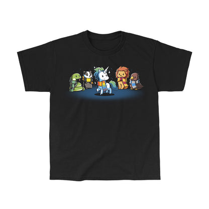 Classic Cotton T-shirt_TeeTurtle Magical Animals black t-shirt featuring a snake, badger, unicorn, lion, and bird each wearing different colored scarves.