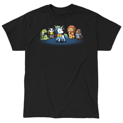 Classic Cotton T-shirt_TeeTurtle Magical Animals black t-shirt featuring a snake, badger, unicorn, lion, and bird each wearing different colored scarves.