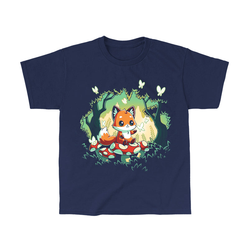 Classic Cotton T-shirt_TeeTurtle navy blue Magical Forest. Featuring a fox sitting on a toadstool in a forest with butterflies.