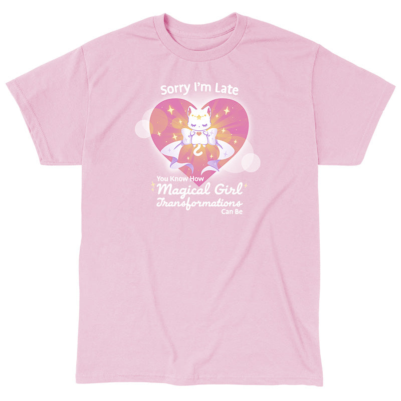 Classic Cotton T-shirt_TeeTurtle light pink Magical Girl Transformations t-shirt featuring a cat transforming into a magical cat like a classic anime magical girl.