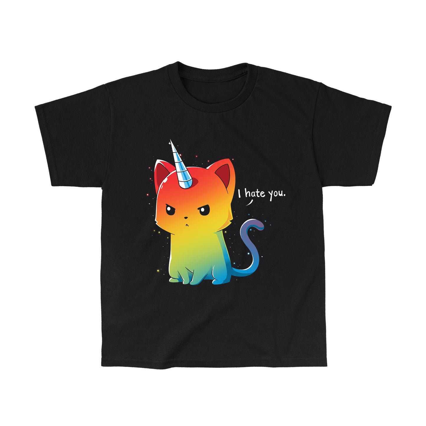 Classic Cotton T-shirt_TeeTurtle black The Magical Kittencorn. Featuring an angry rainbow kittencorn saying, "I hate you.".