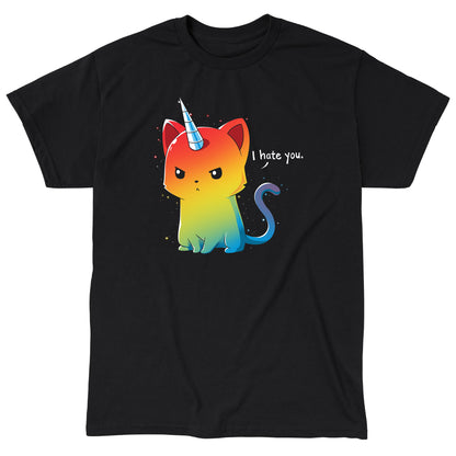 Classic Cotton T-shirt_TeeTurtle black The Magical Kittencorn. Featuring an angry rainbow kittencorn saying, "I hate you.".