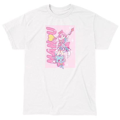 Classic Cotton T-shirt_TeeTurtle Mahou Shoujo and cat white t-shirt featuring an anime girl with a magical staff and cat.