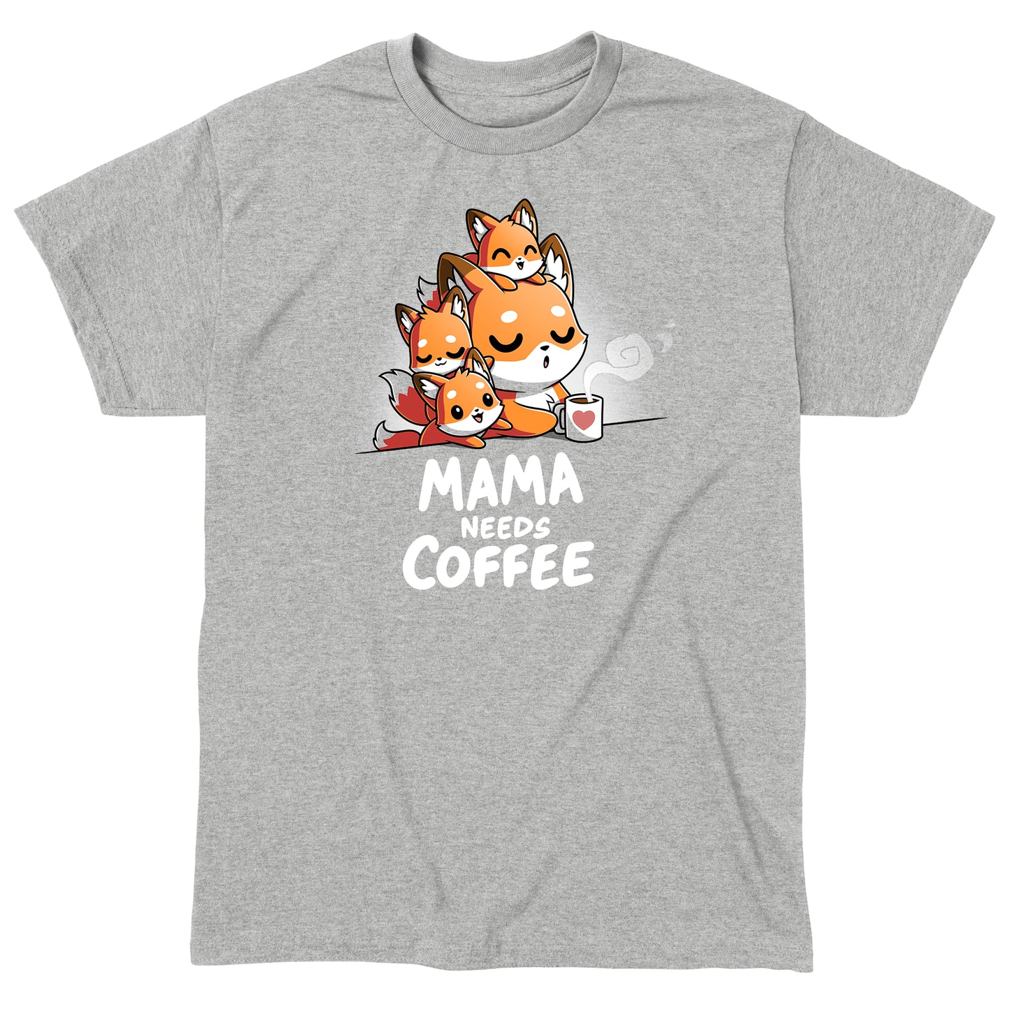 Classic Cotton T-shirt_TeeTurtle- Mama Needs Coffee Heather Gray t-shirt featuring illustration of a tired fox holding a coffee mug on gray background, with three small foxes climbing on her. 