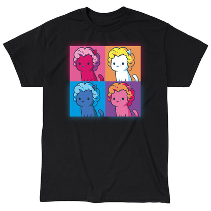 Classic Cotton T-shirt_TeeTurtle Marilyn Meownroe black t-shirt featuring a four panel, multicolored and stylized image of a cartoon cat in a Marilyn Monroe wig in parody of the famous painting of her.