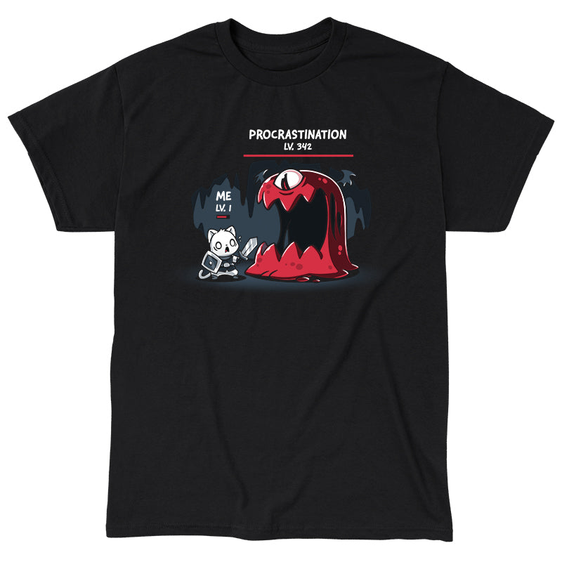 Classic Cotton T-shirt_TeeTurtle Me Vs. Procrastination black t-shirt featuring a cat knight labeled "ME LV. 1" standing nervously in front of a giant red monster labeled "PROCRASTINATION LV. 342" in a dark, cavernous setting.