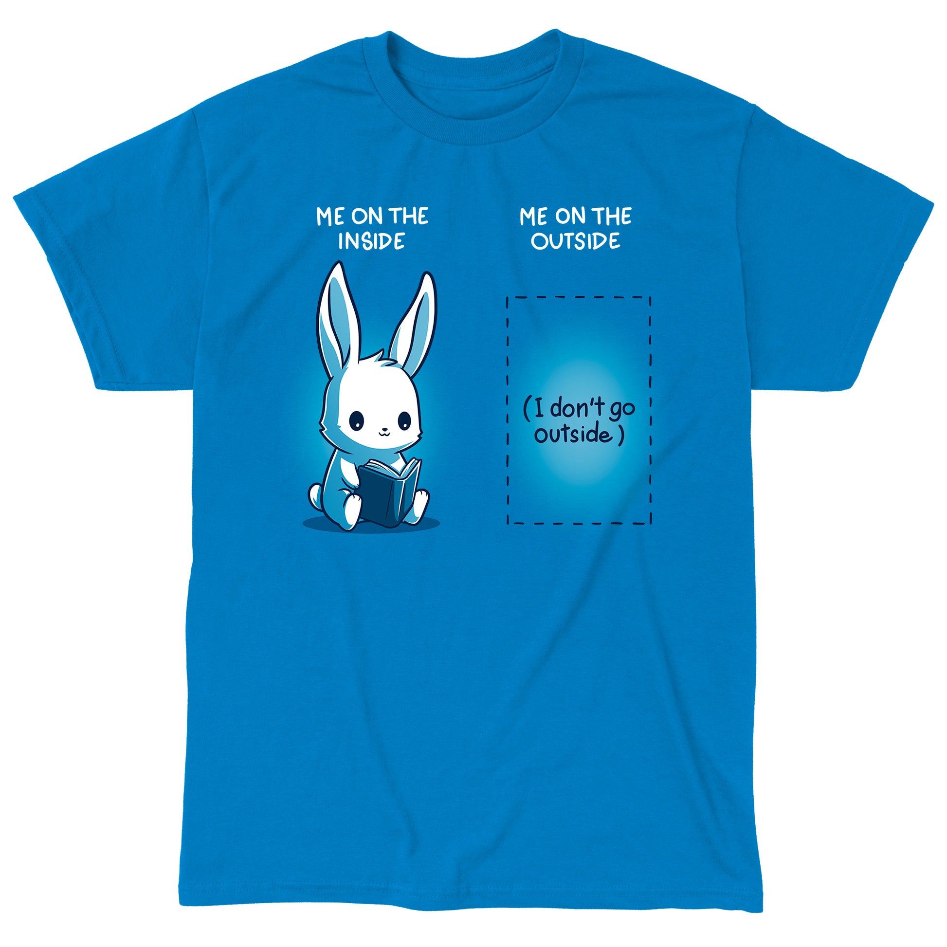 Classic Cotton T-shirt_TeeTurtle Me On The Inside, Me On The Outside Sapphire Blue t-shirt featuring an illustration of a cute bunny reading a book with text: "Me on the inside." On the right, a blank space with text: "Me on the outside (I don't go outside)." 