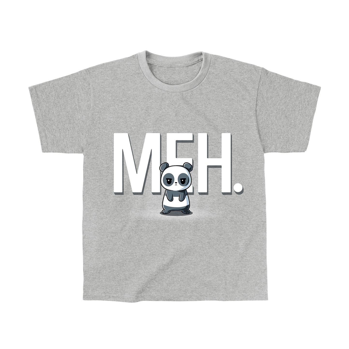 Classic Cotton T-shirt_TeeTurtle heather gray Meh Panda apparel featuring a panda with a deadpan expression with the gigantic word, “MEH.“ in the background.