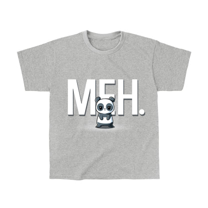 Classic Cotton T-shirt_TeeTurtle heather gray Meh Panda apparel featuring a panda with a deadpan expression with the gigantic word, “MEH.“ in the background.