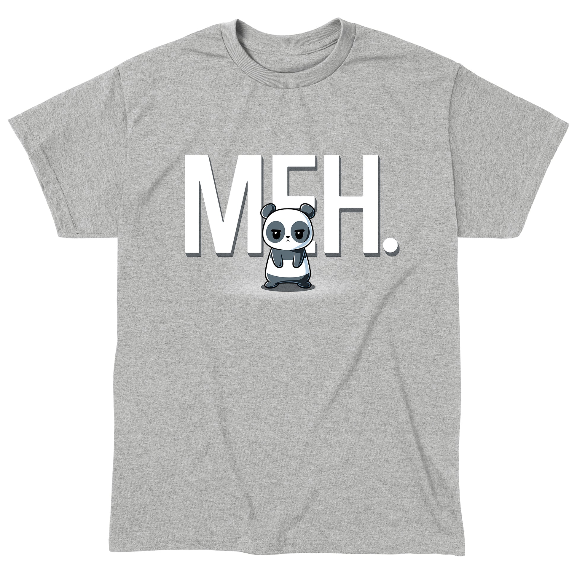 Classic Cotton T-shirt_TeeTurtle heather gray Meh Panda apparel featuring a panda with a deadpan expression with the gigantic word, “MEH.“ in the background.