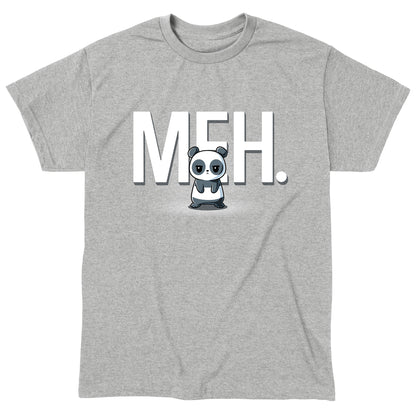 Classic Cotton T-shirt_TeeTurtle heather gray Meh Panda apparel featuring a panda with a deadpan expression with the gigantic word, “MEH.“ in the background.