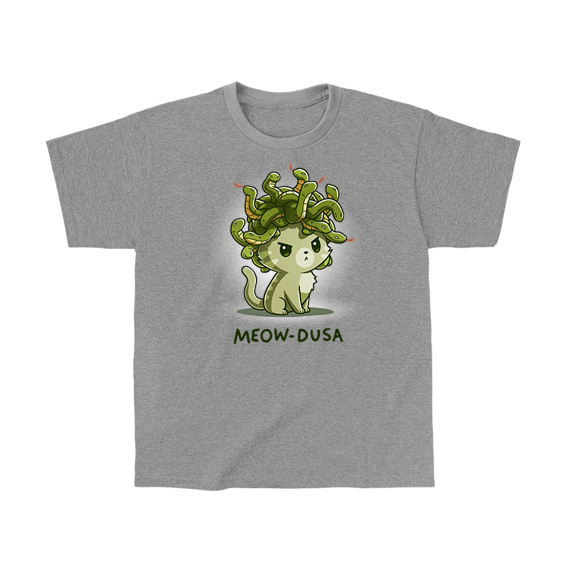 Classic Cotton T-shirt_TeeTurtle heather gray Meow-dusa apparel featuring a grumpy green cat with a nest of snakes coiled on its head, and the caption, "Meow-dusa".