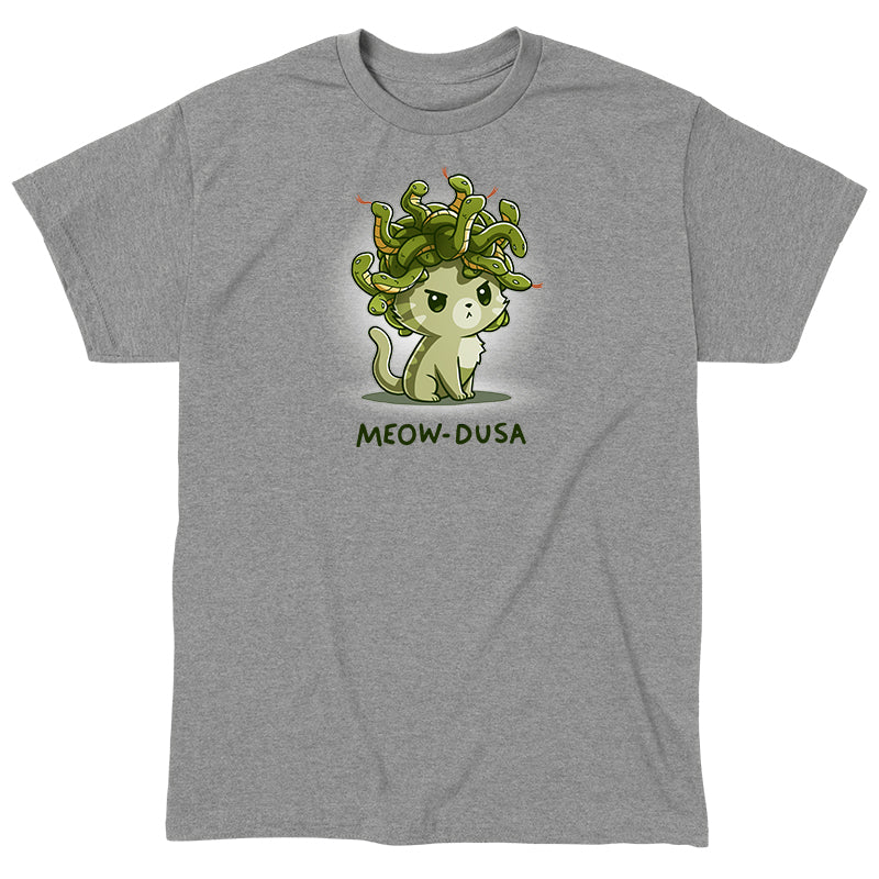 Classic Cotton T-shirt_TeeTurtle heather gray Meow-dusa apparel featuring a grumpy green cat with a nest of snakes coiled on its head, and the caption, "Meow-dusa".