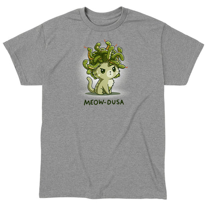 Classic Cotton T-shirt_TeeTurtle heather gray Meow-dusa apparel featuring a grumpy green cat with a nest of snakes coiled on its head, and the caption, "Meow-dusa".