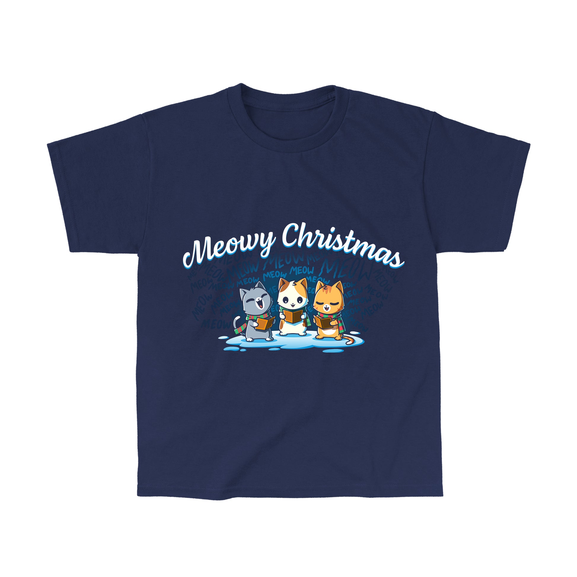 Classic Cotton T-shirt_TeeTurtle navy blue Meowy Christmas Carolers apparel featuring cats meow-singing Christmas carols.