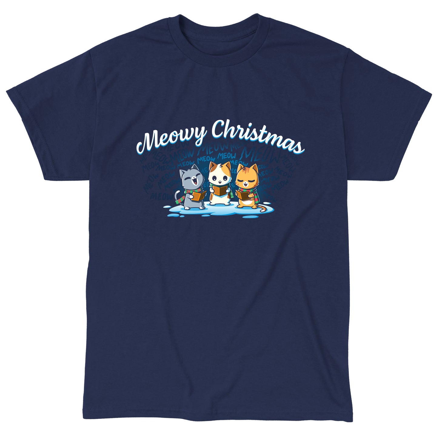 Classic Cotton T-shirt_TeeTurtle navy blue Meowy Christmas Carolers apparel featuring cats meow-singing Christmas carols.