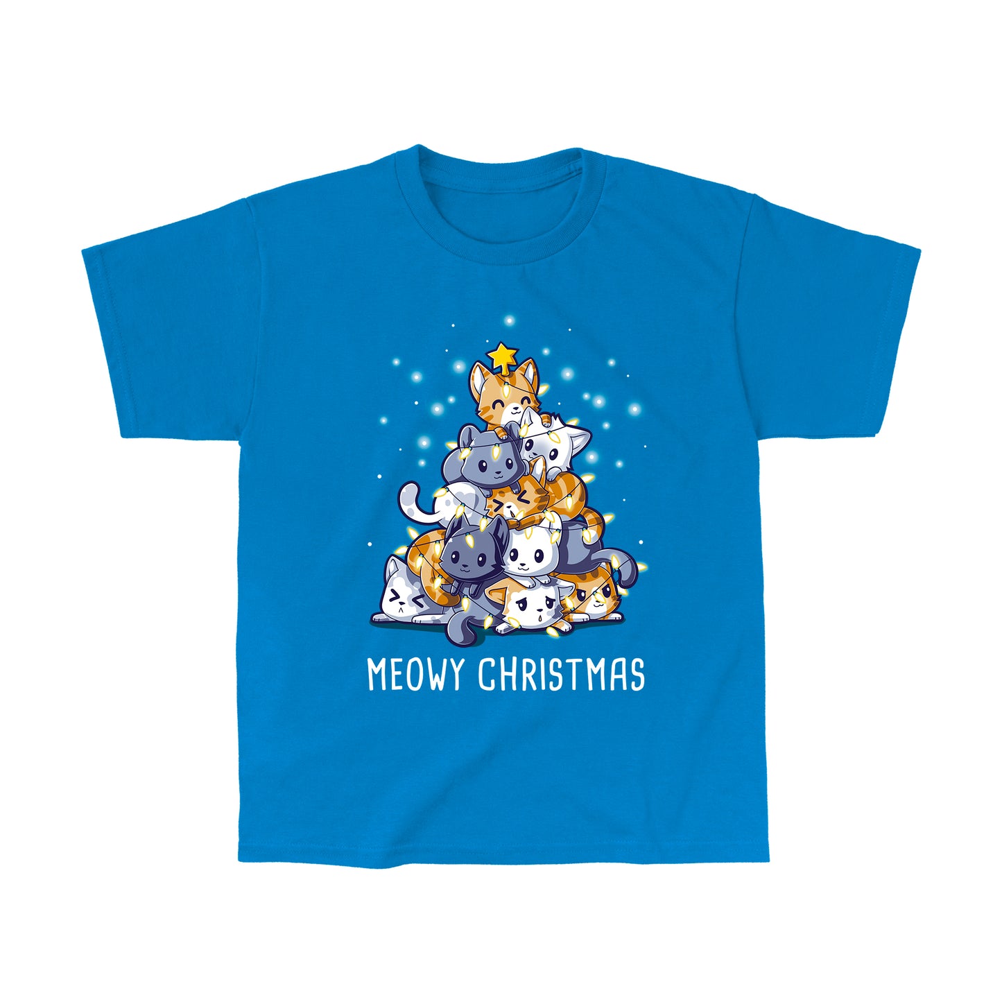 Classic Cotton T-shirt_TeeTurtle Meowy Christmas sapphire blue t-shirt featuring multiple cats stacked in the shape of a Christmas tree with a star on top, surrounded by glowing lights.