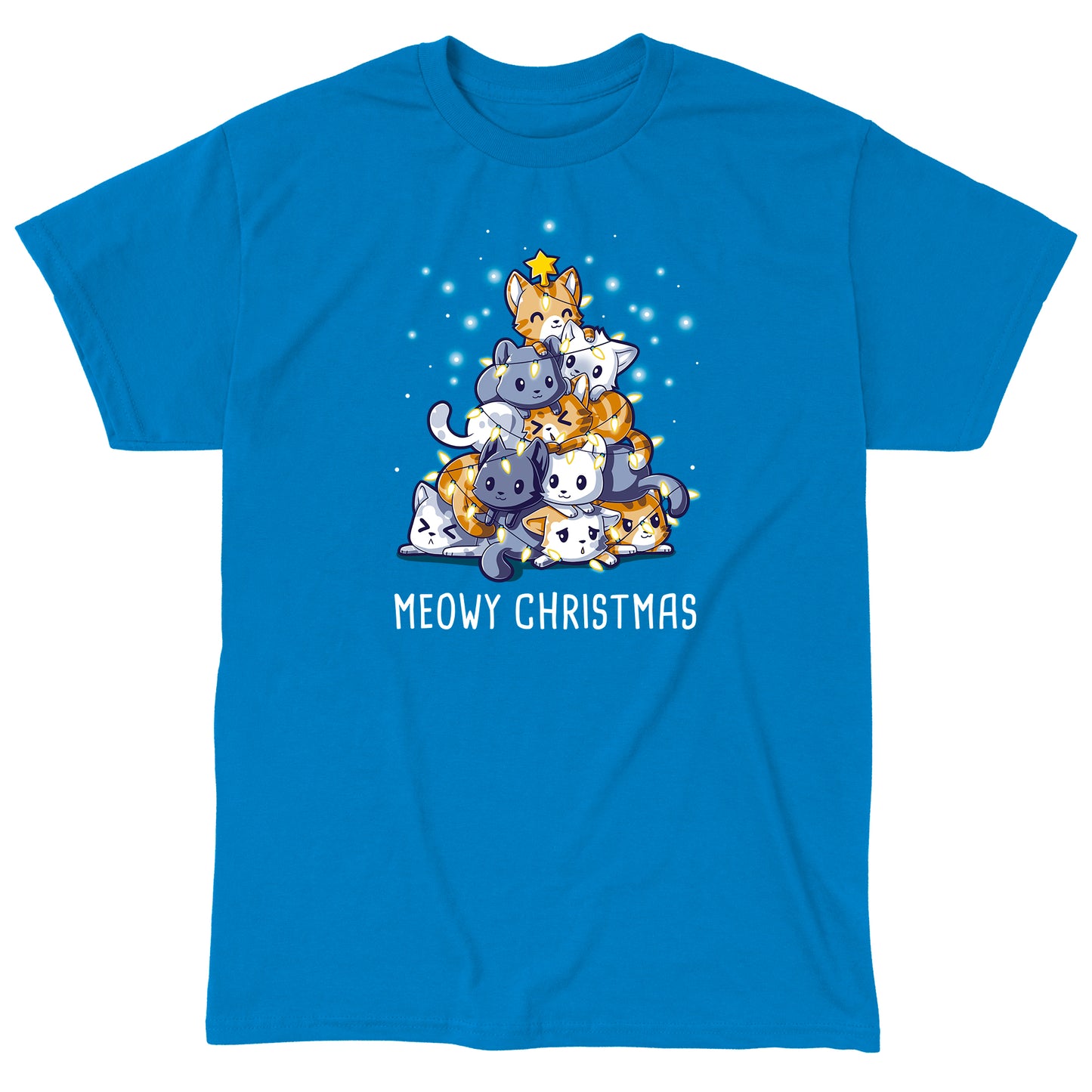 Classic Cotton T-shirt_TeeTurtle Meowy Christmas sapphire blue t-shirt featuring multiple cats stacked in the shape of a Christmas tree with a star on top, surrounded by glowing lights.