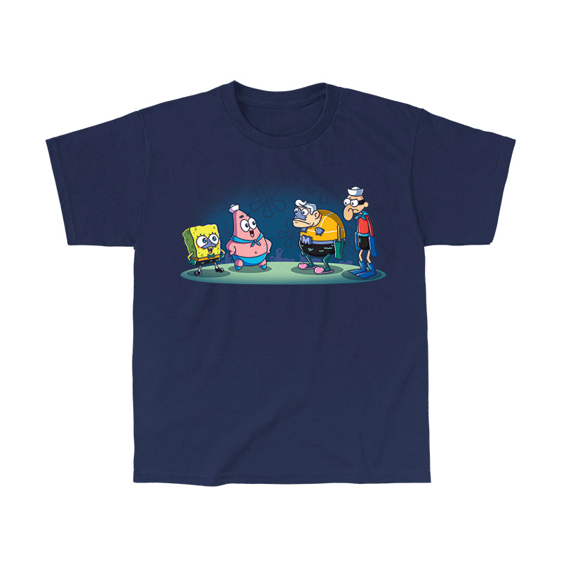 Classic Cotton T-shirt_TeeTurtle navy blue MermaidBob and BarnaclePat apparel featuring SpongeBob SquarePants in a MermaidMan costume, and Patrick Star in a BarnacleBoy costume with a surprised MermaidMan and grumpy BarnacleBoy looking at them.