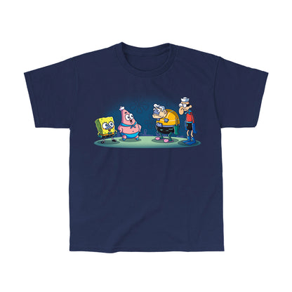 Classic Cotton T-shirt_TeeTurtle navy blue MermaidBob and BarnaclePat apparel featuring SpongeBob SquarePants in a MermaidMan costume, and Patrick Star in a BarnacleBoy costume with a surprised MermaidMan and grumpy BarnacleBoy looking at them.