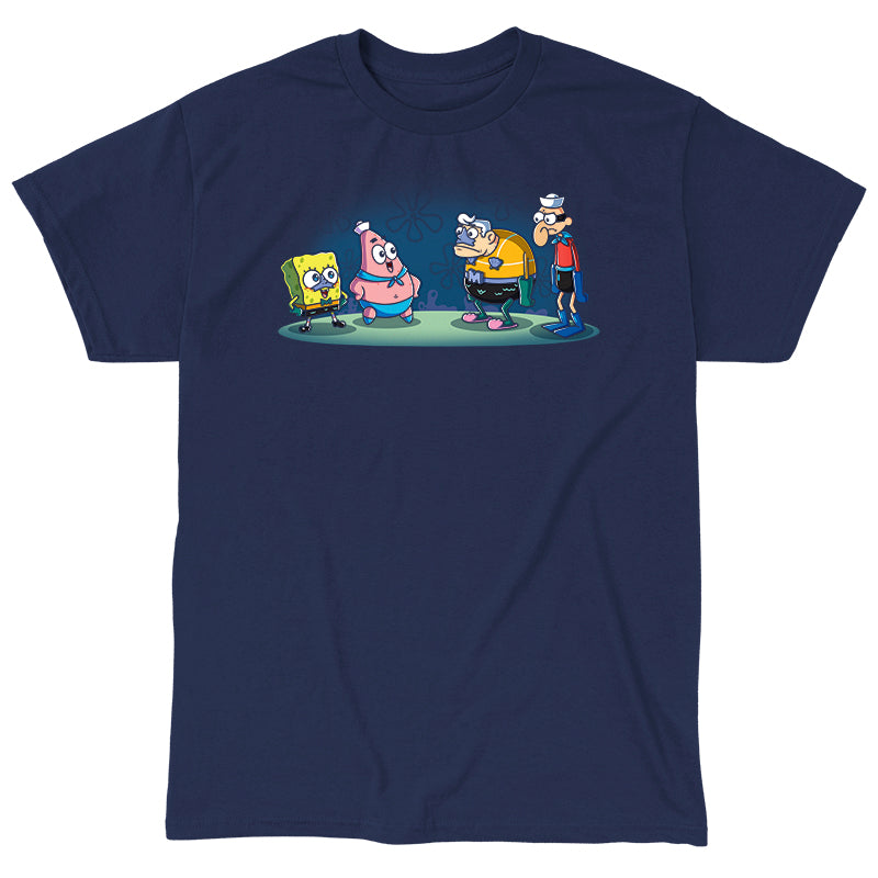 Classic Cotton T-shirt_TeeTurtle navy blue MermaidBob and BarnaclePat apparel featuring SpongeBob SquarePants in a MermaidMan costume, and Patrick Star in a BarnacleBoy costume with a surprised MermaidMan and grumpy BarnacleBoy looking at them.