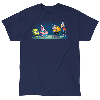Classic Cotton T-shirt_TeeTurtle navy blue MermaidBob and BarnaclePat apparel featuring SpongeBob SquarePants in a MermaidMan costume, and Patrick Star in a BarnacleBoy costume with a surprised MermaidMan and grumpy BarnacleBoy looking at them.