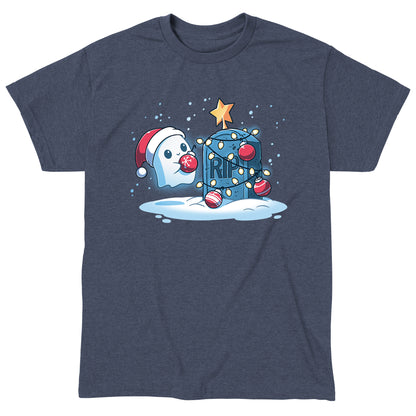 Classic Cotton T-shirt_TeeTurtle heather navy Merry Cryptmas t-shirt featuring a ghost putting holiday decor on a tombstone.