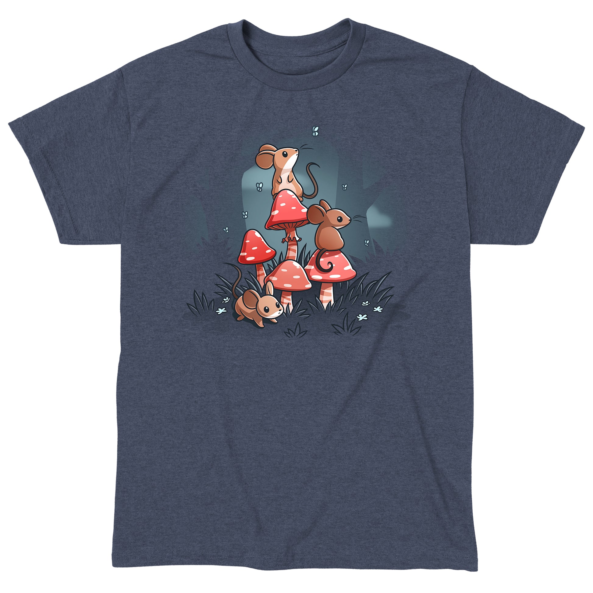 Classic Cotton T-shirt_TeeTurtle heather navy t-shirt Mushrooms & Mice featuring three brown mice grouped around red mushrooms in a cottagecore forest.