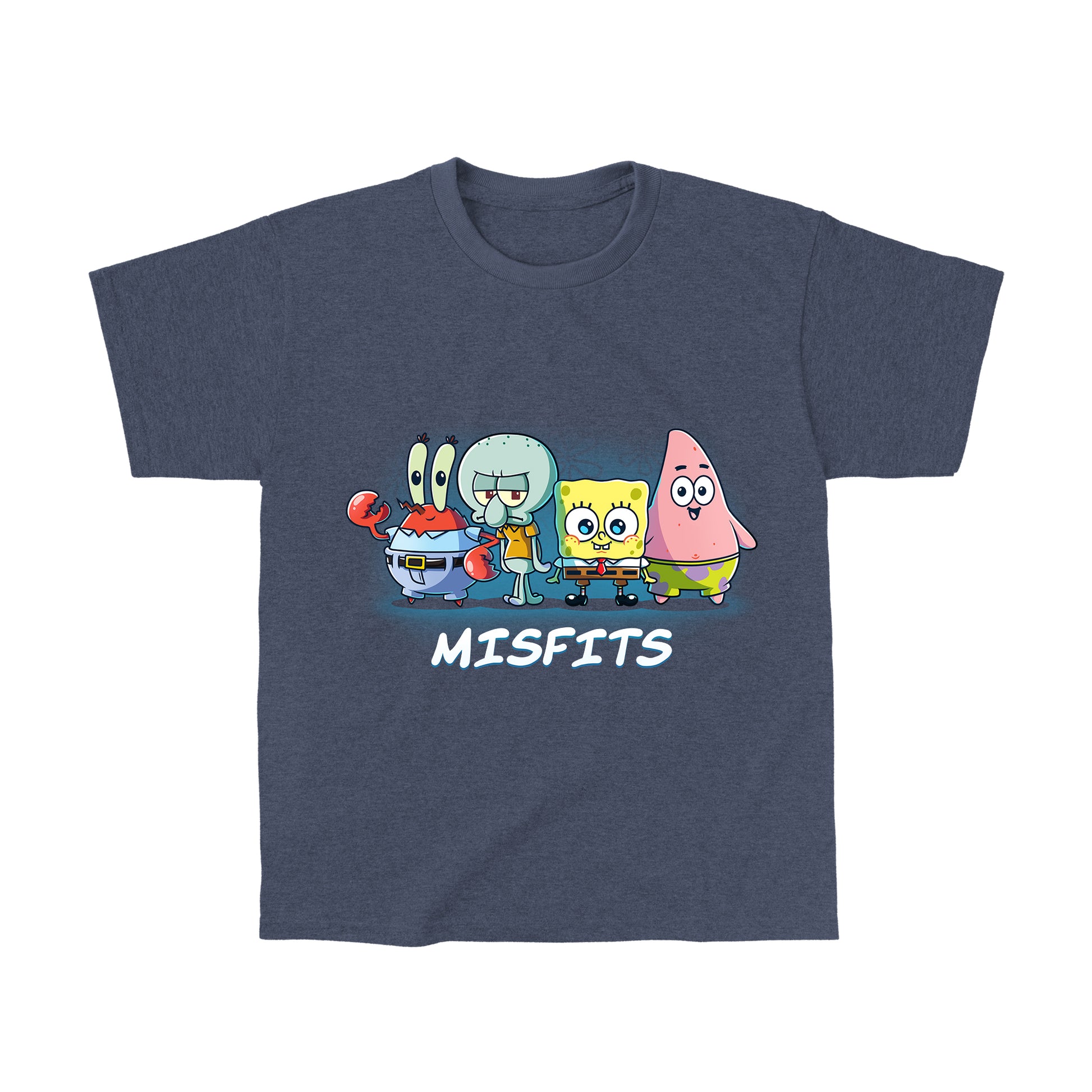 Classic Cotton T-shirt_TeeTurtle heather navy Misfits apparel featuring Mr. Krabs, Squidward Tentacles, SpongeBob SquarePants, and Patrick Star standing in a line.