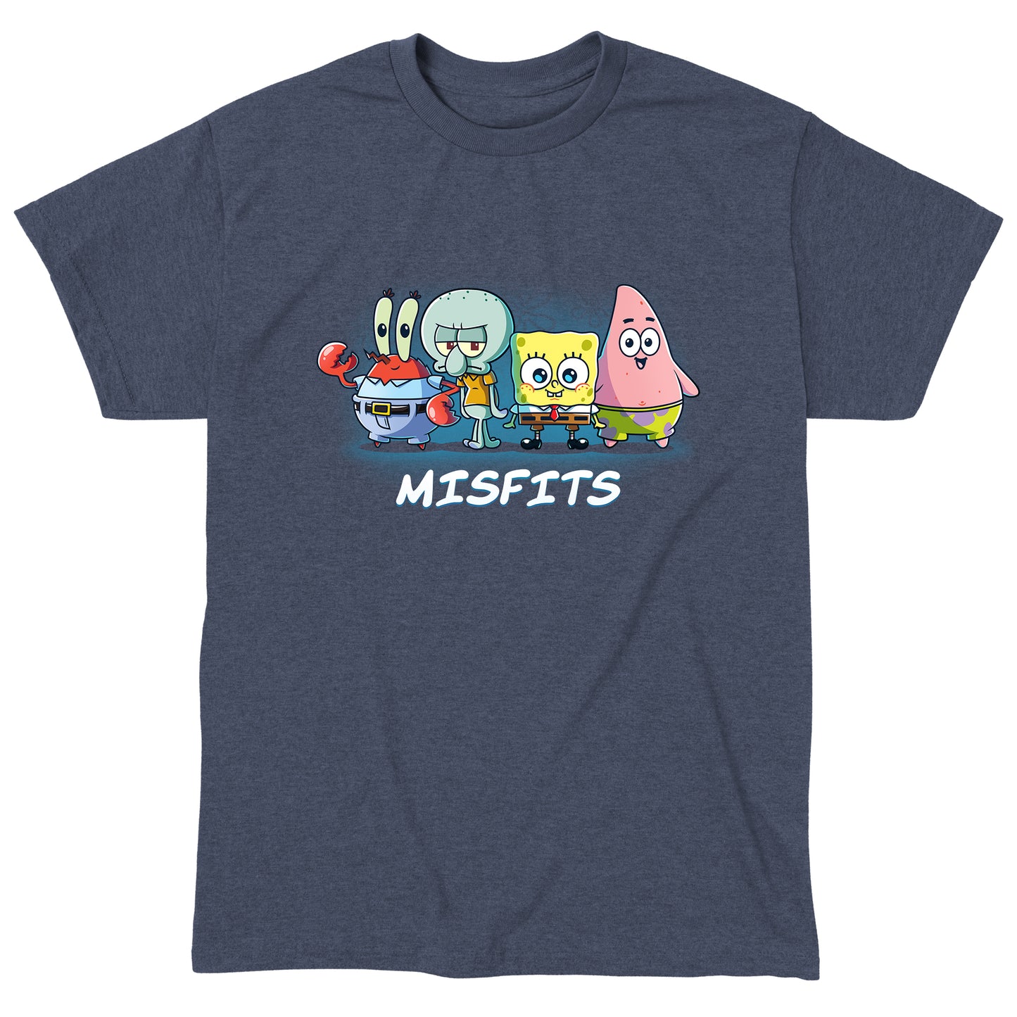 Classic Cotton T-shirt_TeeTurtle heather navy Misfits apparel featuring Mr. Krabs, Squidward Tentacles, SpongeBob SquarePants, and Patrick Star standing in a line.