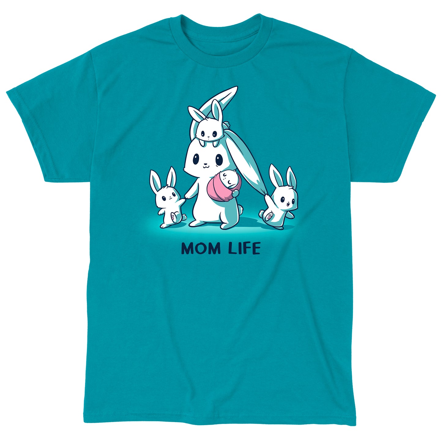 Classic Cotton T-shirt_TeeTurtle Mom Life tropical blue t-shirt featuring a tired mom bunny surrounded by three little bunnies while she holds a sleeping baby bunny wrapped in a pink blanket. 