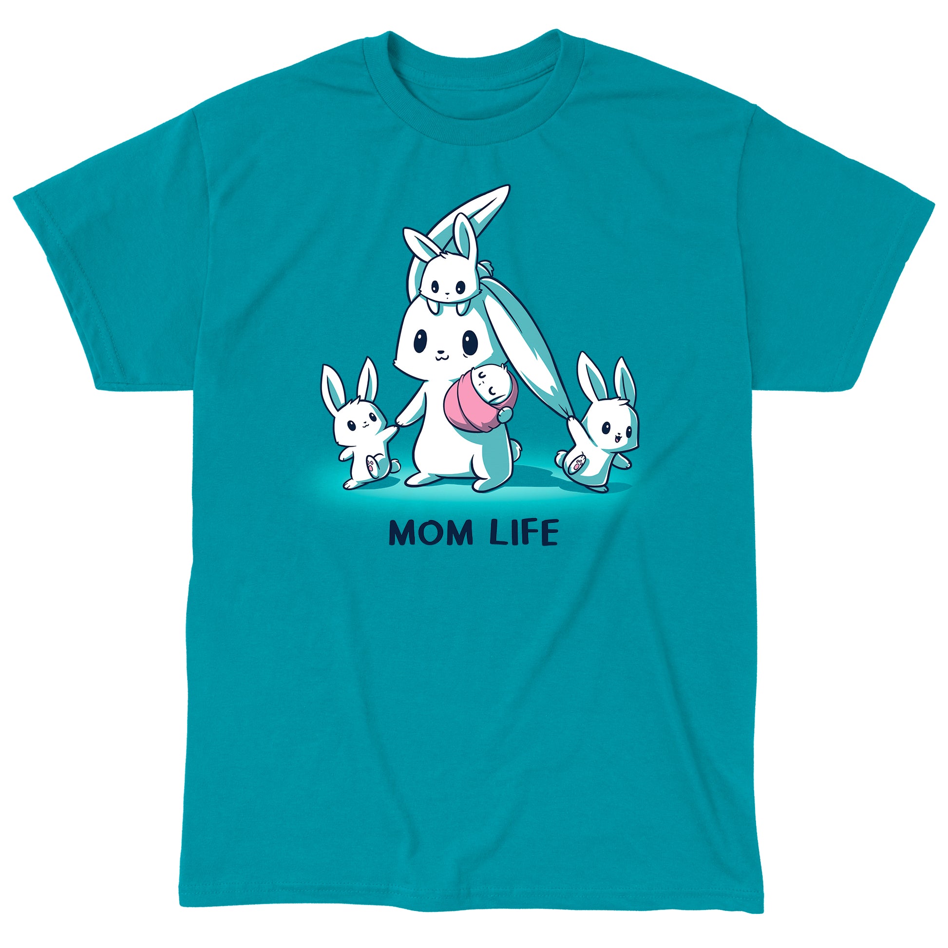 Classic Cotton T-shirt_TeeTurtle Mom Life tropical blue t-shirt featuring a tired mom bunny surrounded by three little bunnies while she holds a sleeping baby bunny wrapped in a pink blanket. 