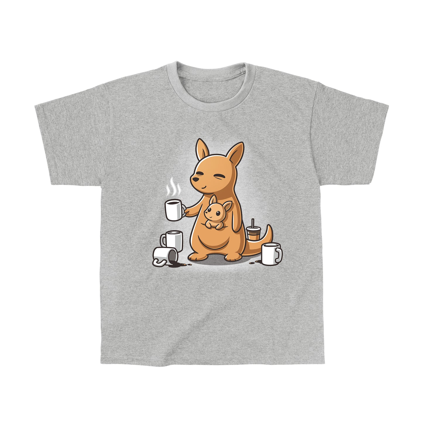 Classic Cotton T-shirt_TeeTurtle heather gray Mom’s Morning Coffee apparel featuring a kangaroo with its joey in its pouch, wherein the parent kangaroo is holding a cup of coffee and is surrounded by empty coffee cups.