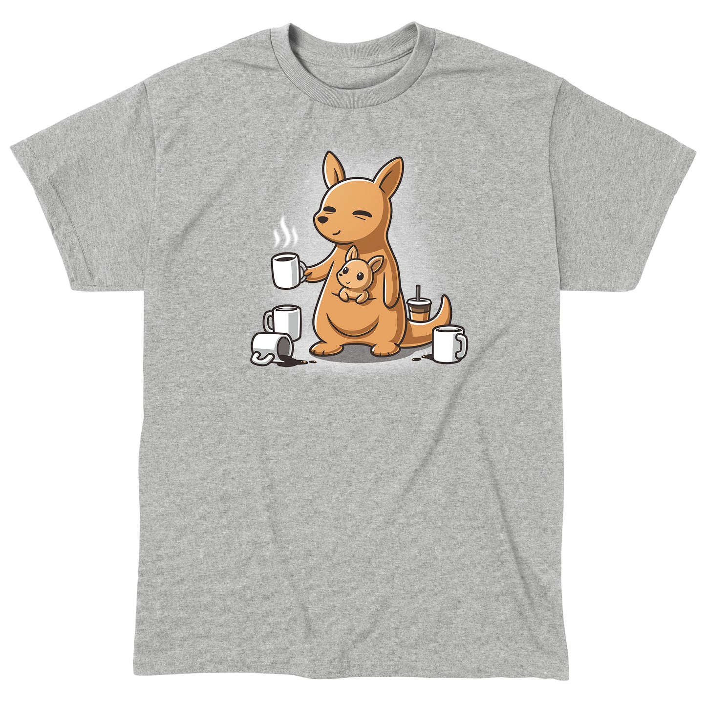 Classic Cotton T-shirt_TeeTurtle heather gray Mom’s Morning Coffee apparel featuring a kangaroo with its joey in its pouch, wherein the parent kangaroo is holding a cup of coffee and is surrounded by empty coffee cups.