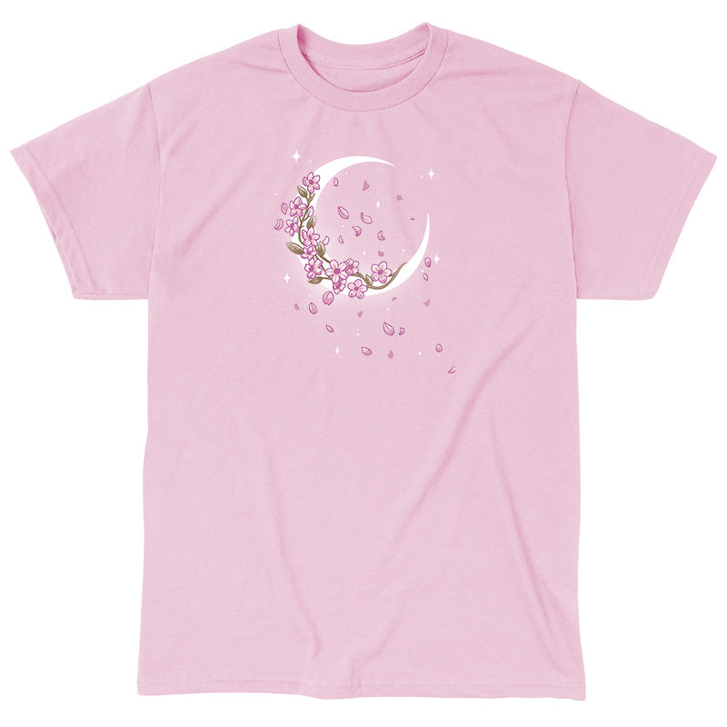 Classic Cotton T-shirt_TeeTurtle Moon Blossoms light pink t-shirt featuring an artistic moon with pink flower blossoms on it and petals all around.