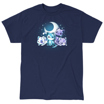 Classic Cotton T-shirt_TeeTurtle navy blue Moon & Star Meows. Featuring blue and purple kittens with moon and star patterns on their fur.