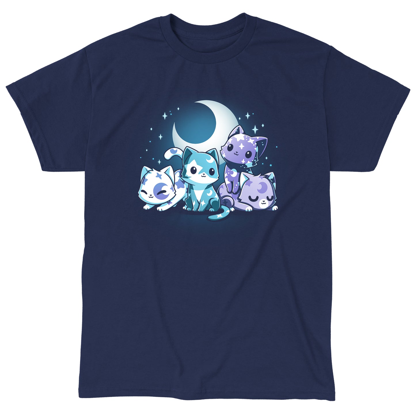 Classic Cotton T-shirt_TeeTurtle navy blue Moon & Star Meows. Featuring blue and purple kittens with moon and star patterns on their fur.