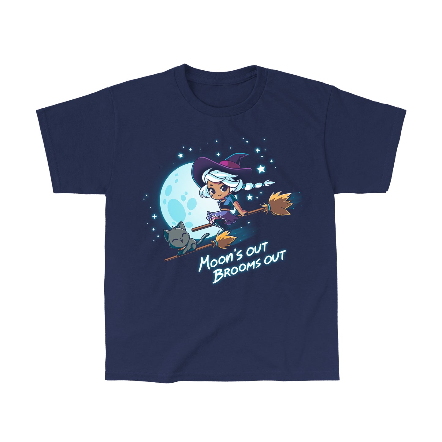 Classic Cotton T-shirt_TeeTurtle Moon's Out Brooms Out navy blue t-shirt featuring an illustration of a witch with light-gray hair, wearing a purple and dark-purple outfit and a dark purple witch's hat and a cartoon gray cat flying on two broom sticks past a full moon and starry sky. "Moon's OUT BROOMS OUT" is written underneath. 