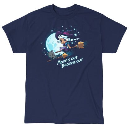 Classic Cotton T-shirt_TeeTurtle Moon's Out Brooms Out navy blue t-shirt featuring an illustration of a witch with light-gray hair, wearing a purple and dark-purple outfit and a dark purple witch's hat and a cartoon gray cat flying on two broom sticks past a full moon and starry sky. "Moon's OUT BROOMS OUT" is written underneath. 