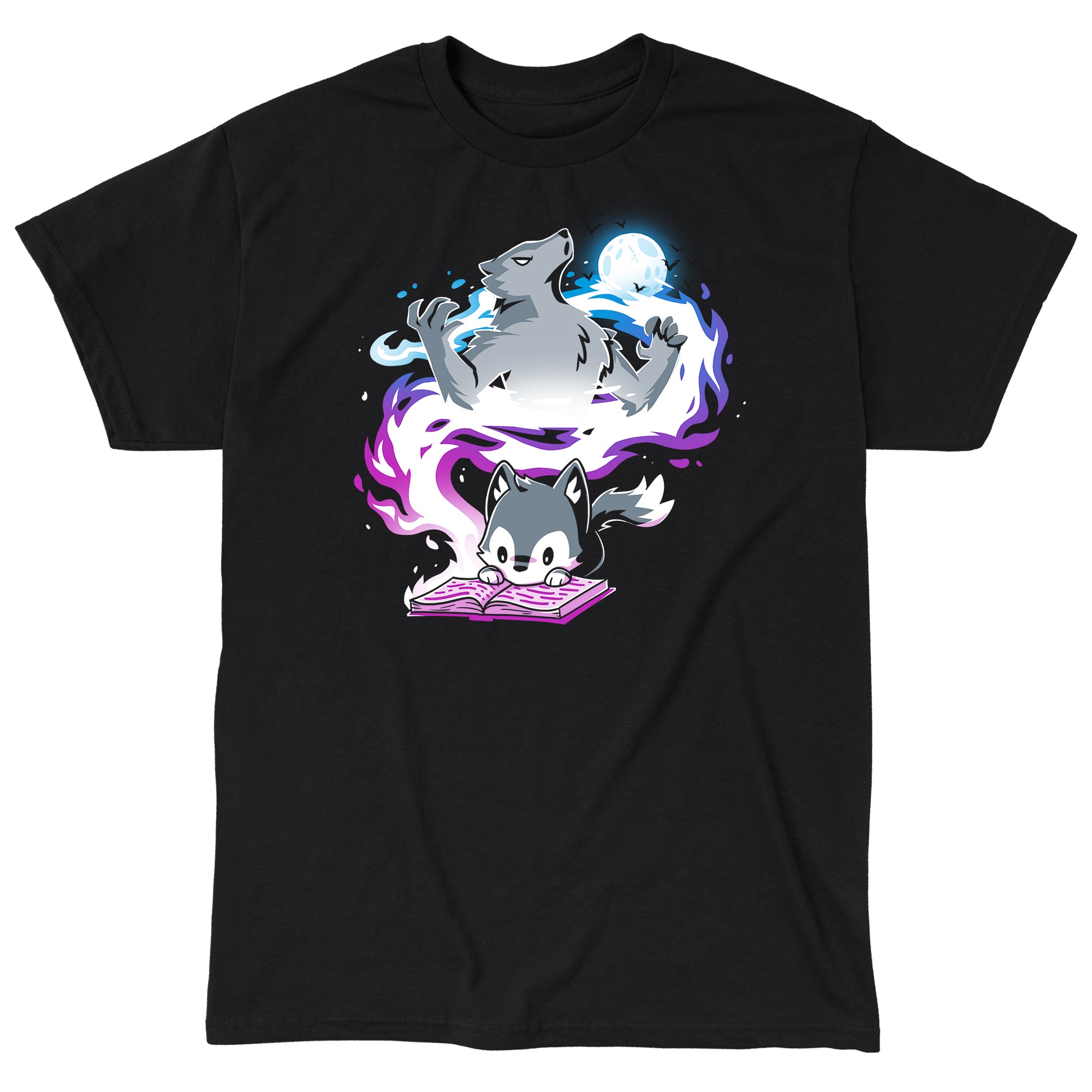 Classic Cotton T-shirt_TeeTurtle Moonlight Tale black Featuring an imaginative wolf cub reading a book.