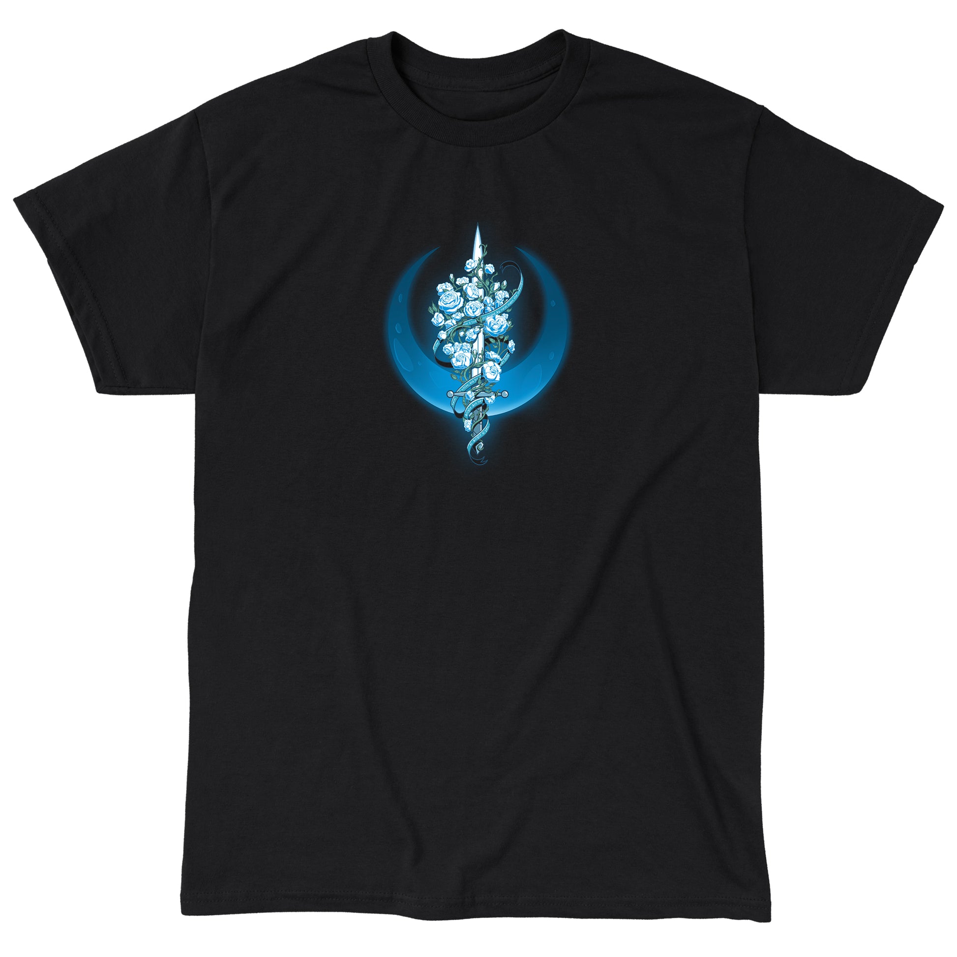 Classic Cotton T-shirt_TeeTurtle Moonlit Blade of Roses black t-shirt featuring a white sword entwined with blue roses and vines, set against a blue crescent moon.