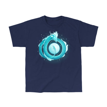 Classic Cotton T-shirt_TeeTurtle navy blue Moonshadow Drake apparel featuring a ghostly dragon coiled in the sky with the full moon showing through the circular space created by its coils.