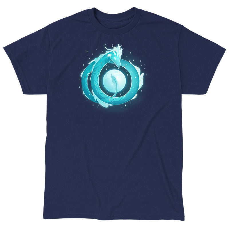 Classic Cotton T-shirt_TeeTurtle navy blue Moonshadow Drake apparel featuring a ghostly dragon coiled in the sky with the full moon showing through the circular space created by its coils.