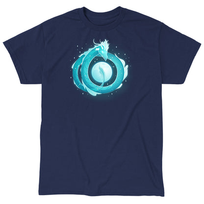 Classic Cotton T-shirt_TeeTurtle navy blue Moonshadow Drake apparel featuring a ghostly dragon coiled in the sky with the full moon showing through the circular space created by its coils.