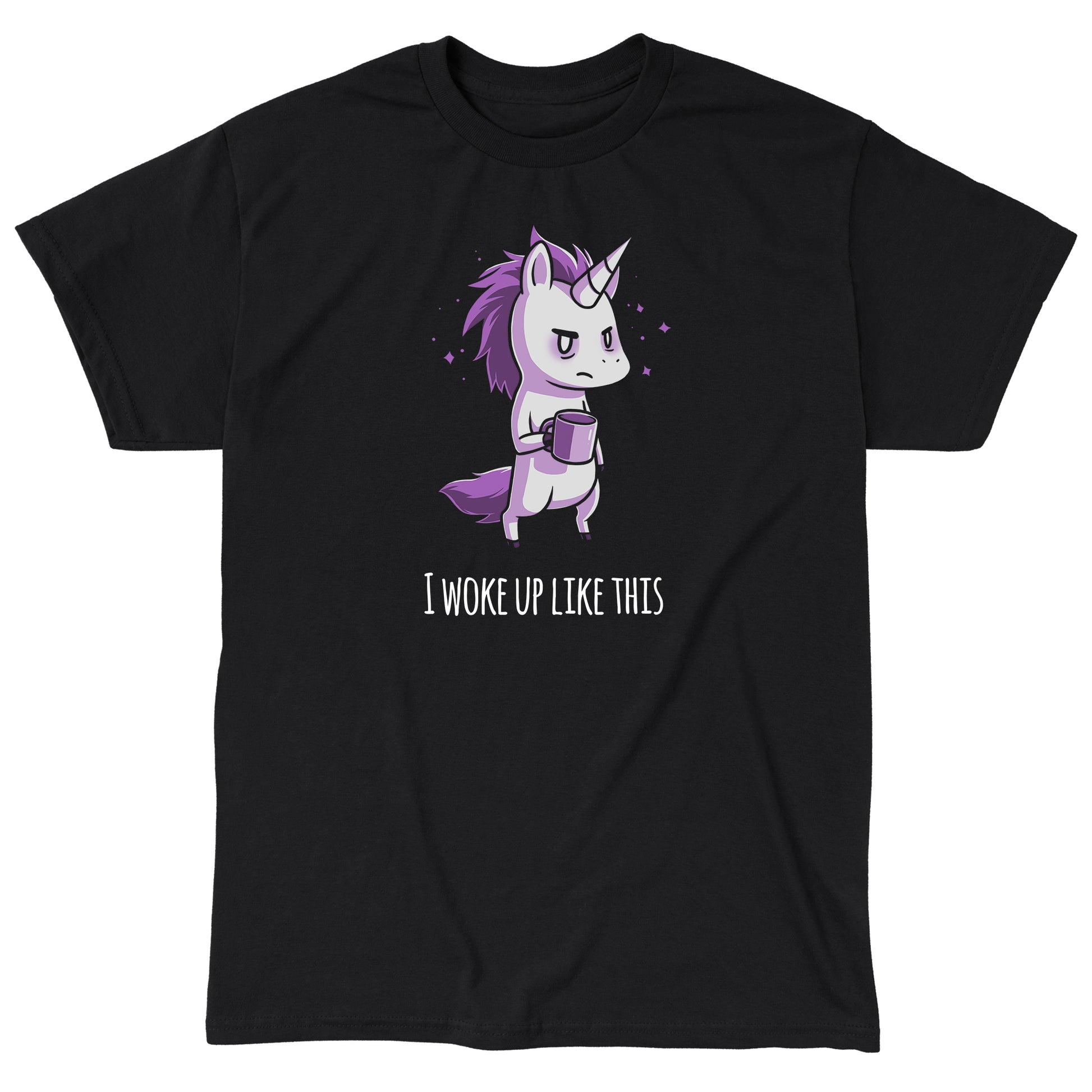 Classic Cotton T-shirt_TeeTurtle black Morning Unicorn. Featuring a disheveled unicorn holding a coffee cup.