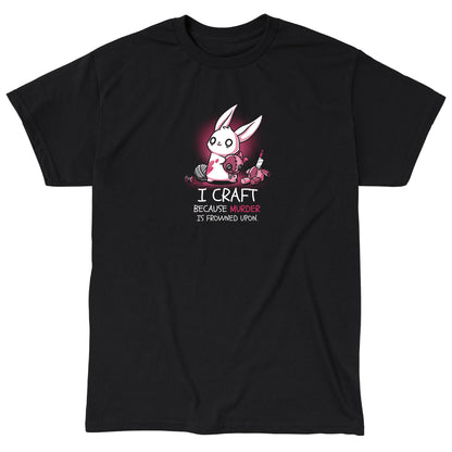 Classic Cotton T-shirt_TeeTurtle black Murder is Frowned Upon. Featuring a bunny holding a beheaded doll head and the doll's body sitting to the side with a knife sticking out of its neck.