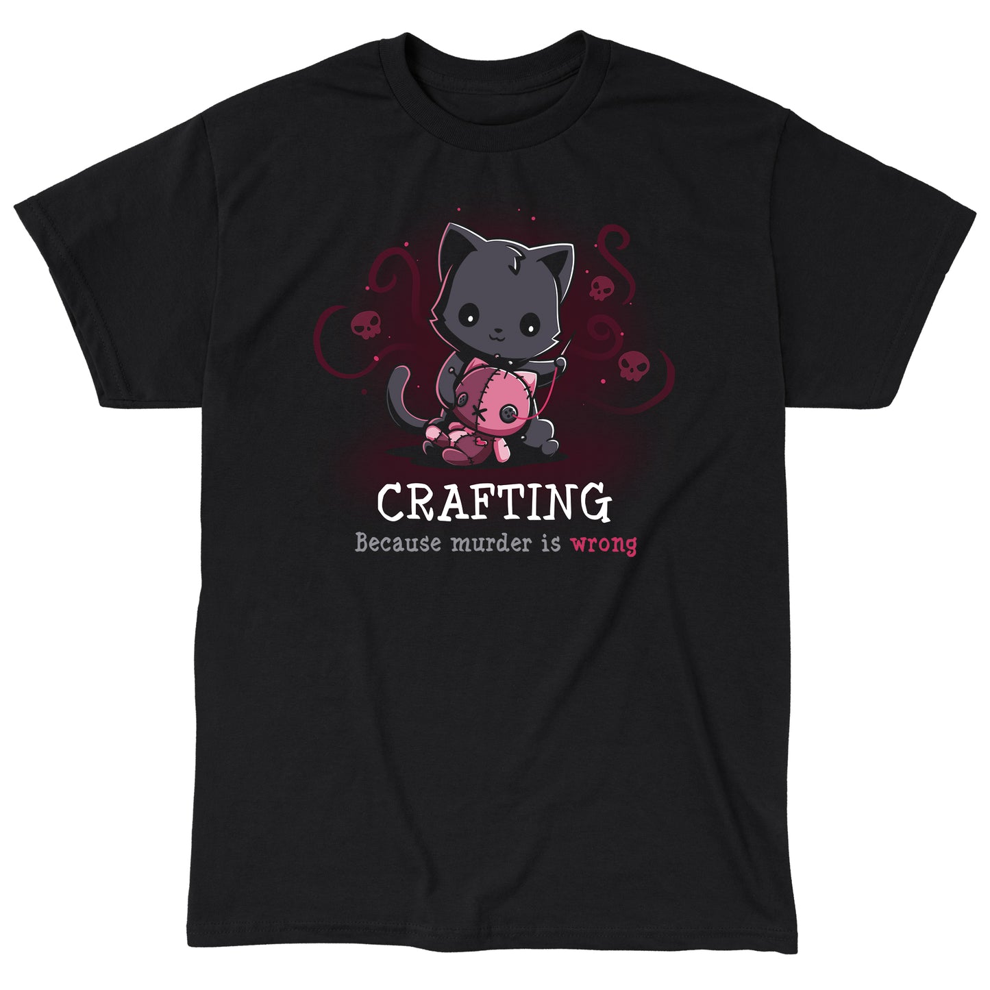 Classic Cotton T-shirt_TeeTurtle Murder is Wrong black t-shirt featuring a cartoon cat  with a needle stitches a voodoo doll with skulls and swirly designs are in the background while crafting