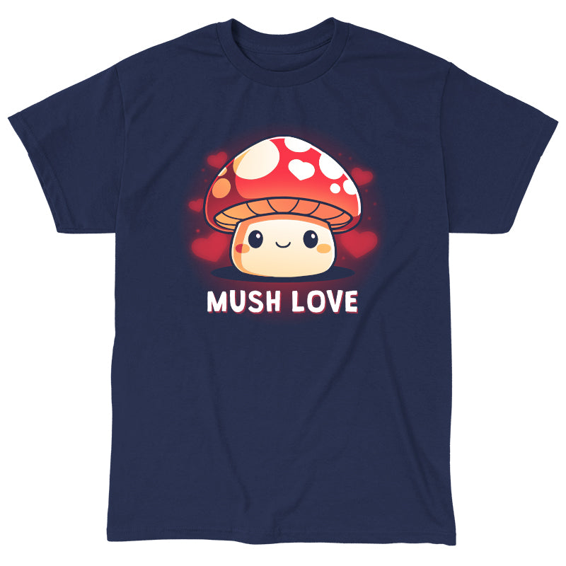 Classic Cotton T-shirt_TeeTurtle Mush Love navy blue t-shirt featuring a mushroom with a smiling face, red cap, and white spots. Hearts surround the mushroom and the words "MUSH LOVE" are printed below.