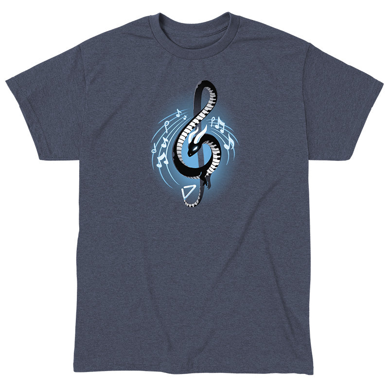 Classic Cotton T-shirt_TeeTurtle Musical Dragon heather navy t-shirt featuring a serpent-shaped musical dragon with piano key scales and white horns forming a treble clef, surrounded by musical notes on a dark blue background.